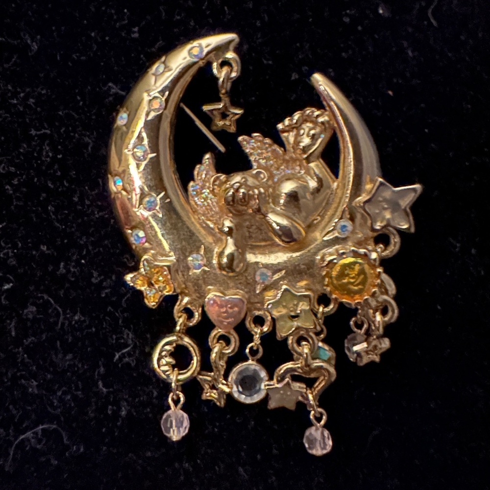 Vintage Kirks Folly Angel Teddy Bear Moon Brooch
